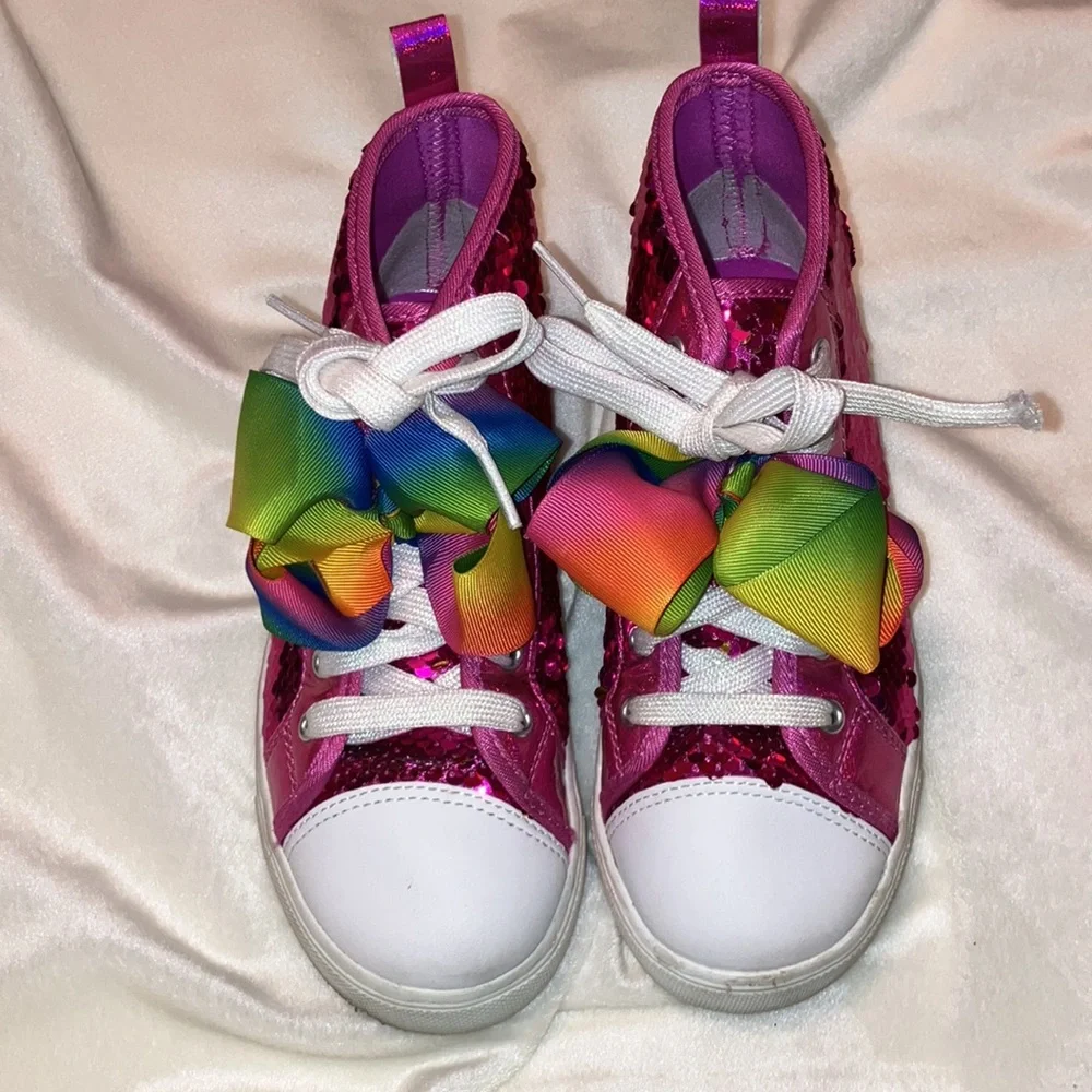 EUC Girls Size 3 JoJoHot Pink Sequin HighTop w/ Rainbow Bow, Bebe Boot, JoJoBow